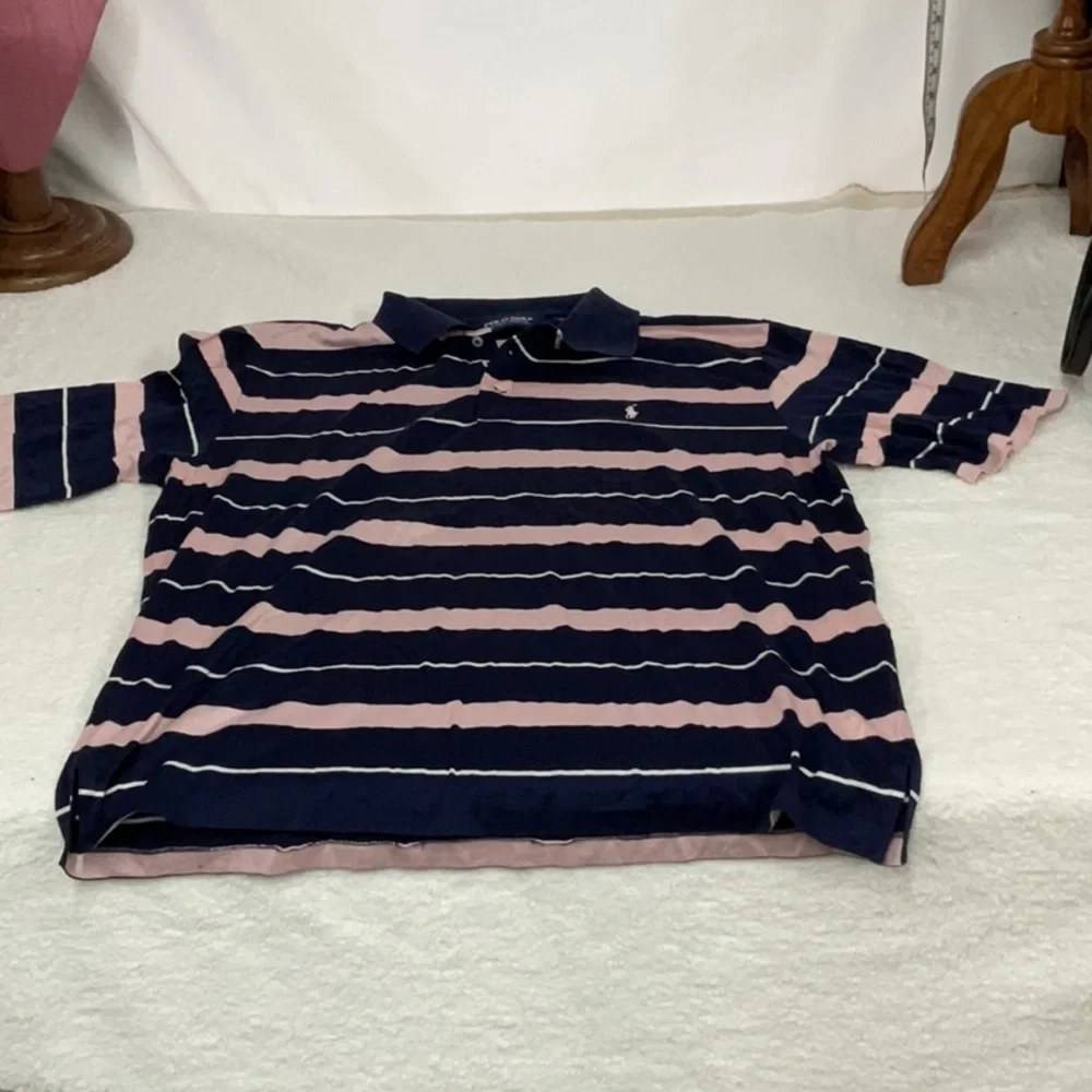 Mens short sleeve Ralph Lauren Navy and Pink Striped Polo